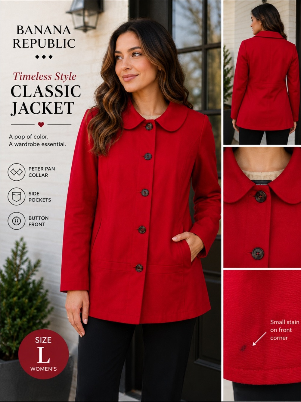 Banana Republic Women's Red Peter Pan Collar Pea Coat